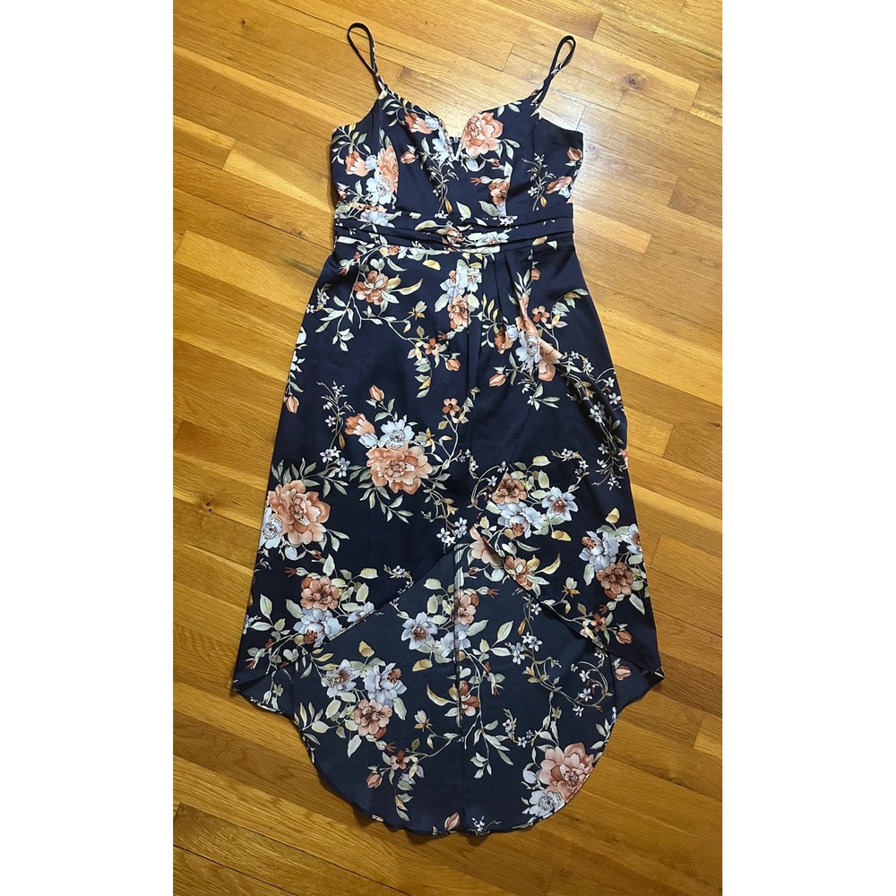 Lulus Navy Blue Floral High Low Midi Dress Women Large Adjustable Straps Wedding